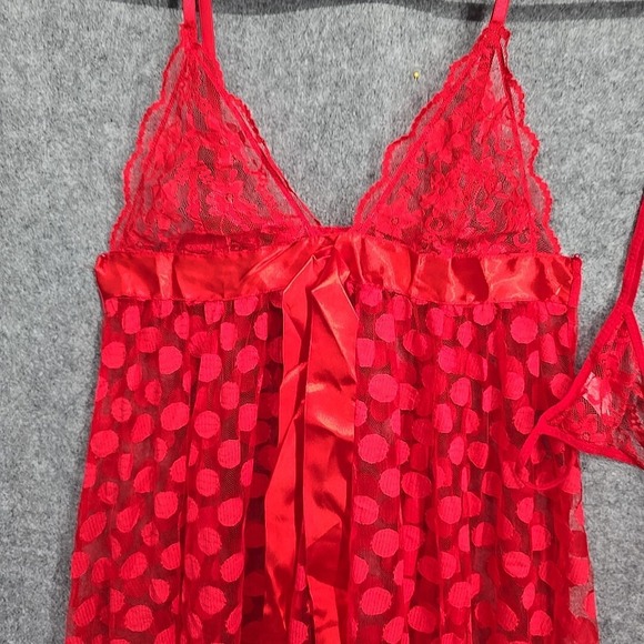Music Legs Mesh Polka Dot Babydoll And G-String Women Size Q 16-18 D/DD Red Lace - Picture 7 of 12